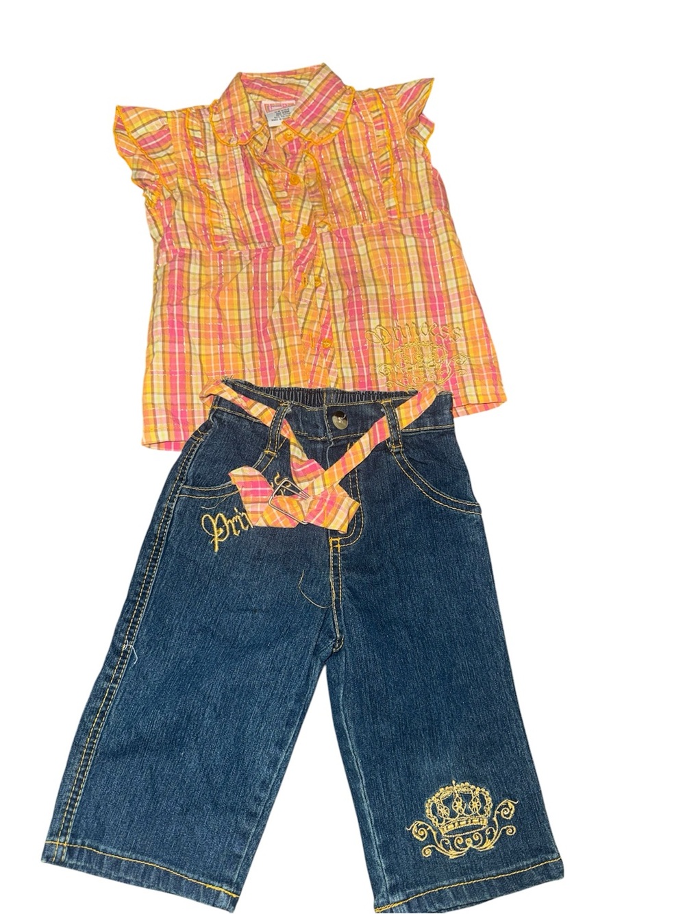 Y2K Girls Pink & Yellow Plaid Ruffle Top with Dark Wash Embroidered Jeans